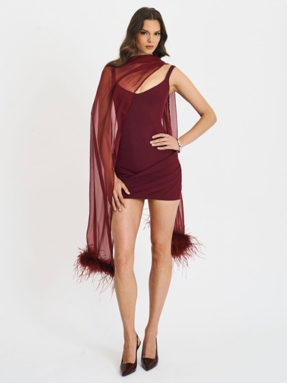 Tori Wine Red Mini Dress with Chiffon Scarf